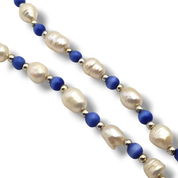 Vintage Baroque Freshwater Pearls Blue Cat Eye Gold Tone Spacer Collar Necklace - Picture 3 of 8